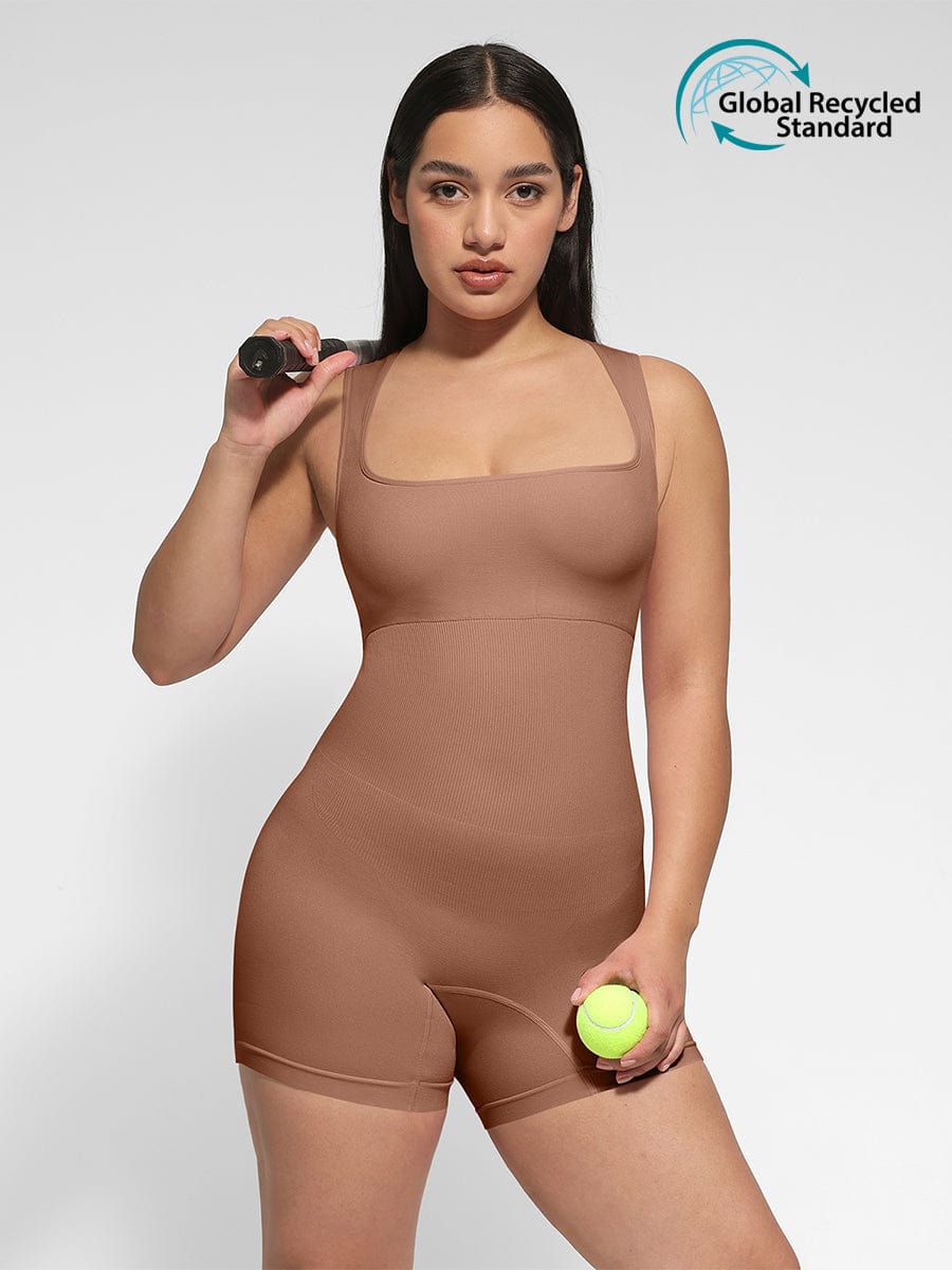 🌿 Eco-friendly Seamless Square Neck Waist and Belly Shaping Jumpsuit