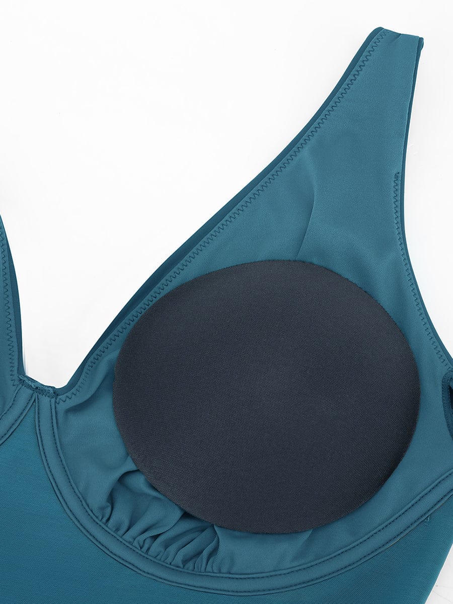 Wholesale Deep V Ruched Shaping Mesh One Piece Swimsuit with Removable Pads.