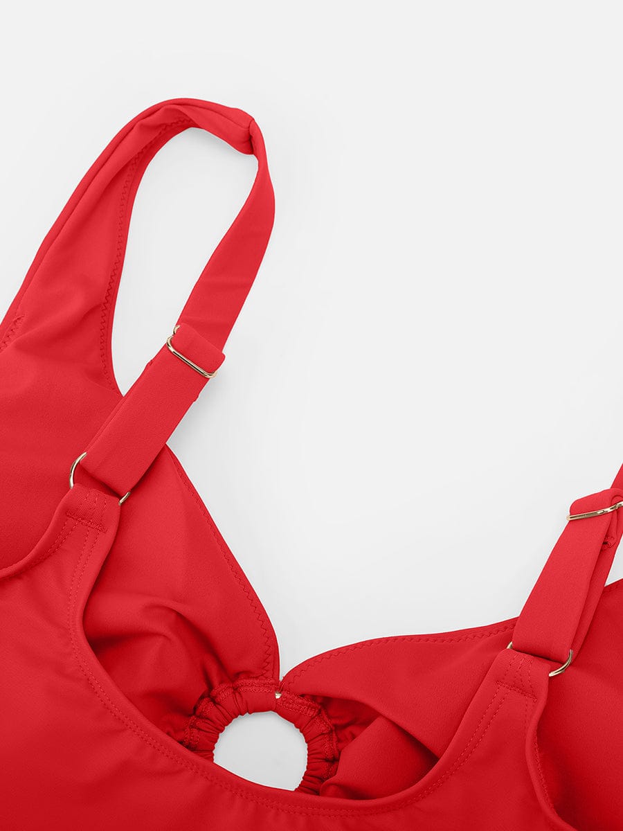 Deep V Metal Ring Drawstring Tummy Control Swimsuit with Removable Pads