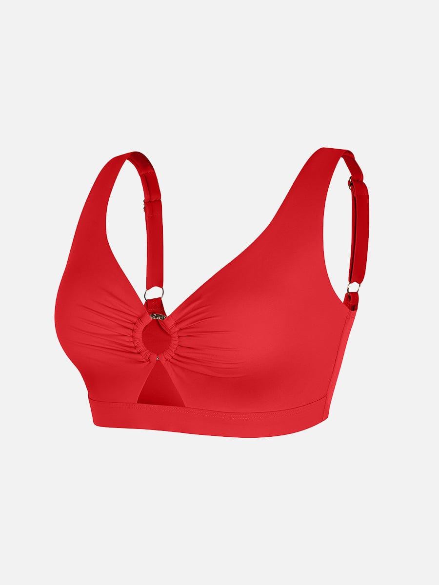 Deep V Metal Ring Drawstring Tummy Control Swimsuit with Removable Pads