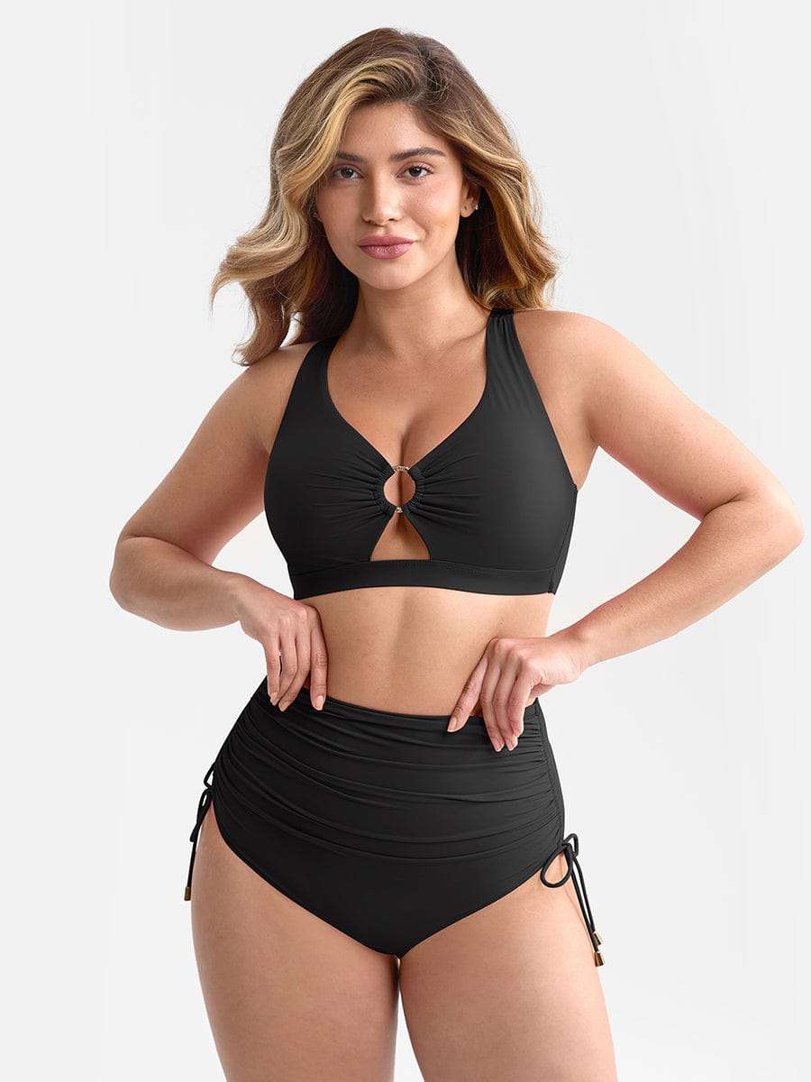 Wholesale Deep V Metal Ring Drawstring Tummy Control Swimsuit with Removable Pads.