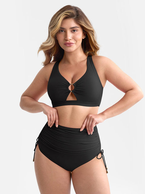 Wholesale Deep V Metal Ring Drawstring Tummy Control Swimsuit with Removable Pads.
