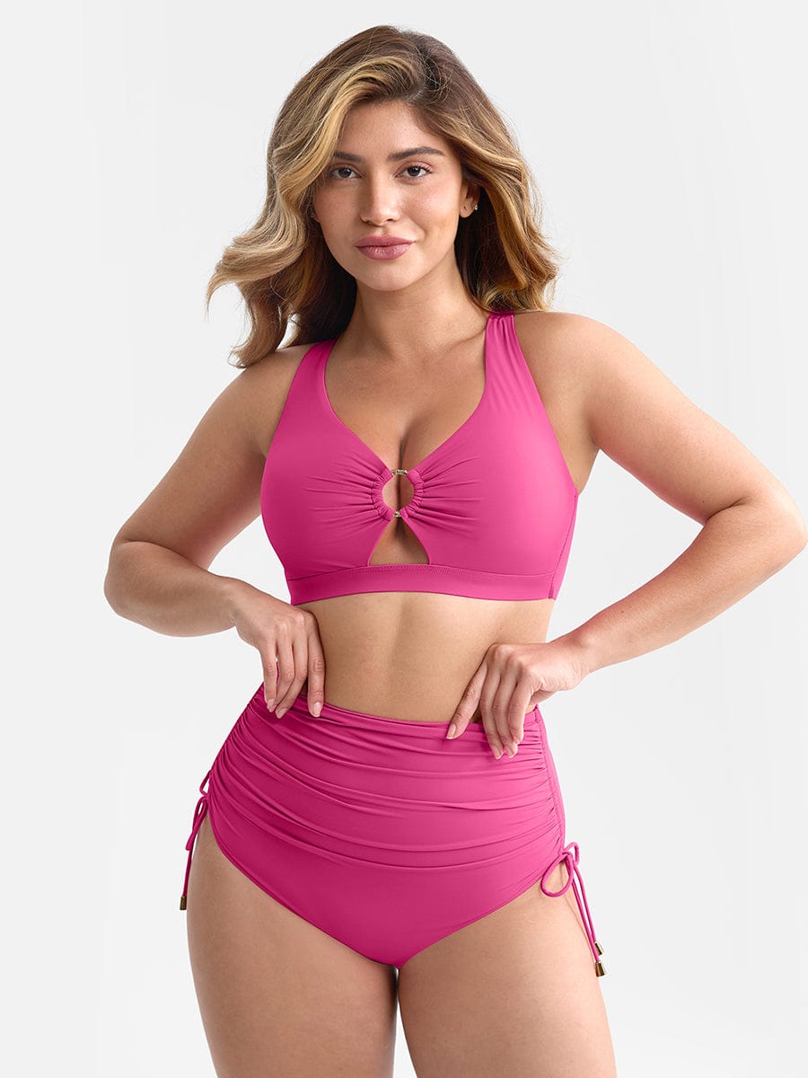 Wholesale Deep V Metal Ring Drawstring Tummy Control Swimsuit with Removable Pads.