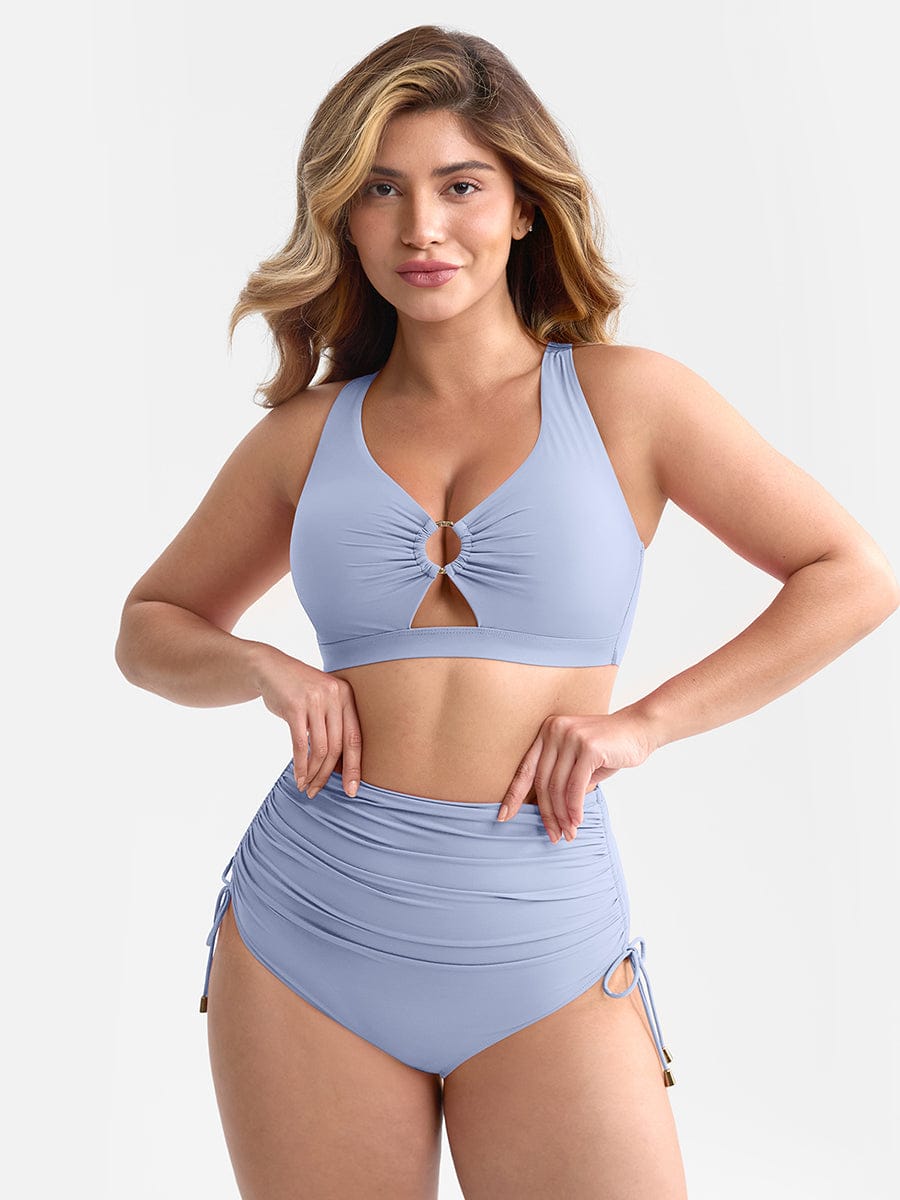 Deep V Metal Ring Drawstring Tummy Control Swimsuit with Removable Pads