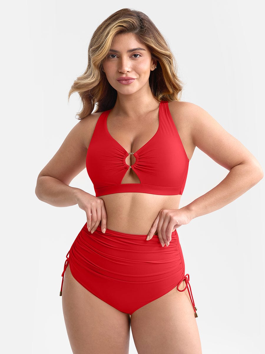 Deep V Metal Ring Drawstring Tummy Control Swimsuit with Removable Pads