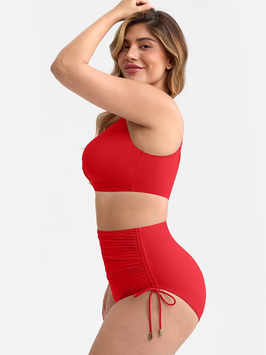 Deep V Metal Ring Drawstring Tummy Control Swimsuit with Removable Pads