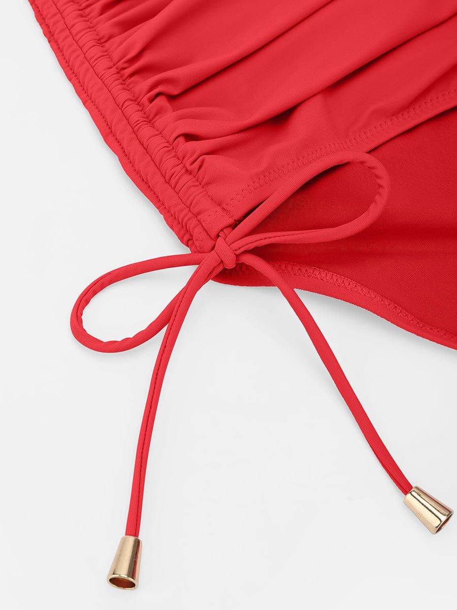 Deep V Metal Ring Drawstring Tummy Control Swimsuit with Removable Pads