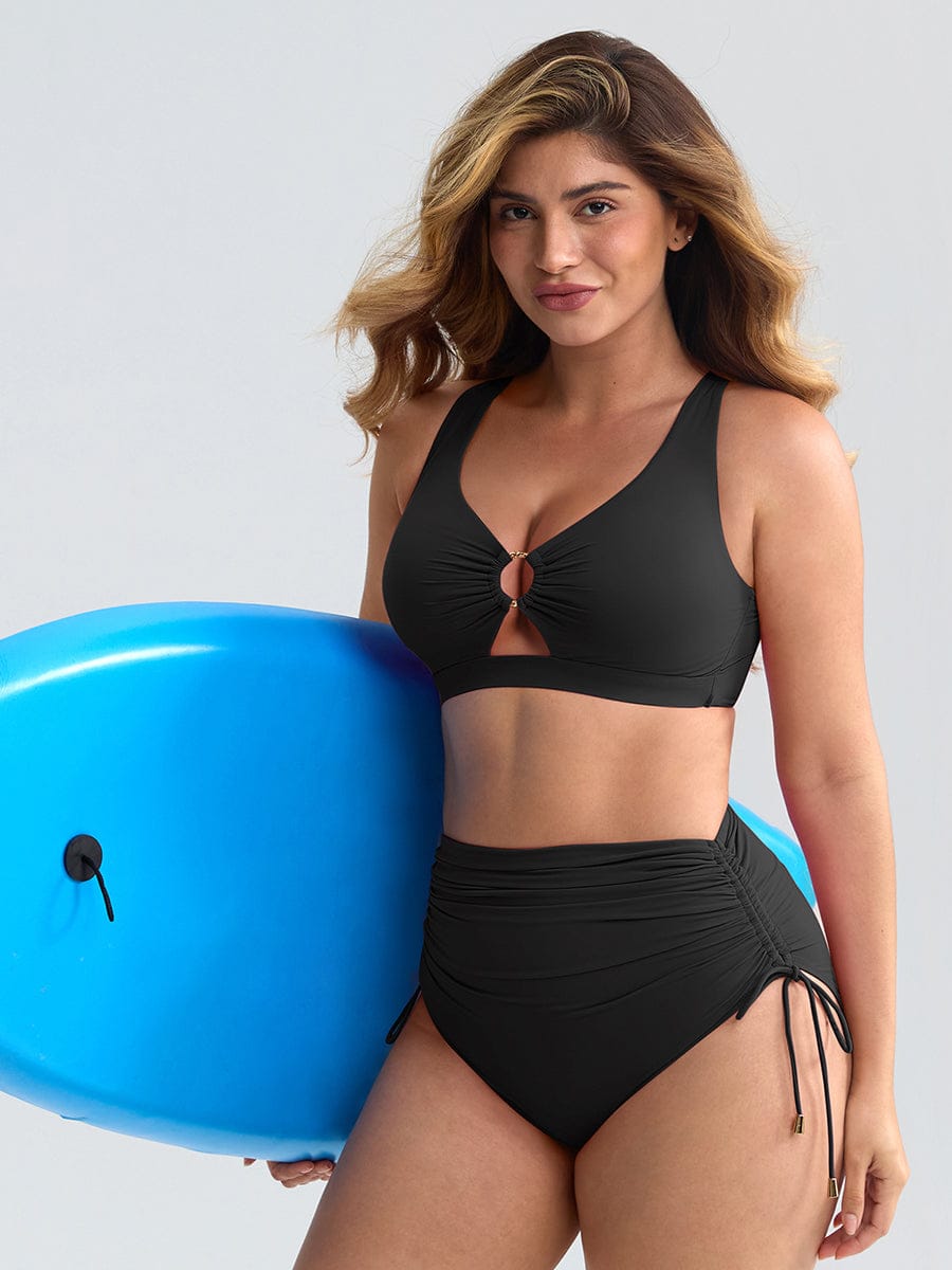 Wholesale Deep V Metal Ring Drawstring Tummy Control Swimsuit with Removable Pads.