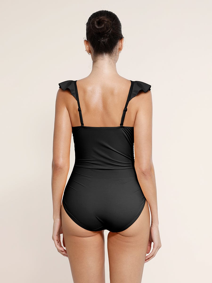 Ruffled One Piece V Neck Lace Up Swimsuit