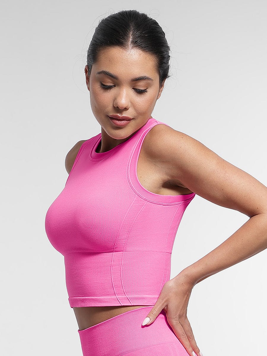 Wholesale Supportive Seamless Sports Top with Built-in Bra & Removable Cups.