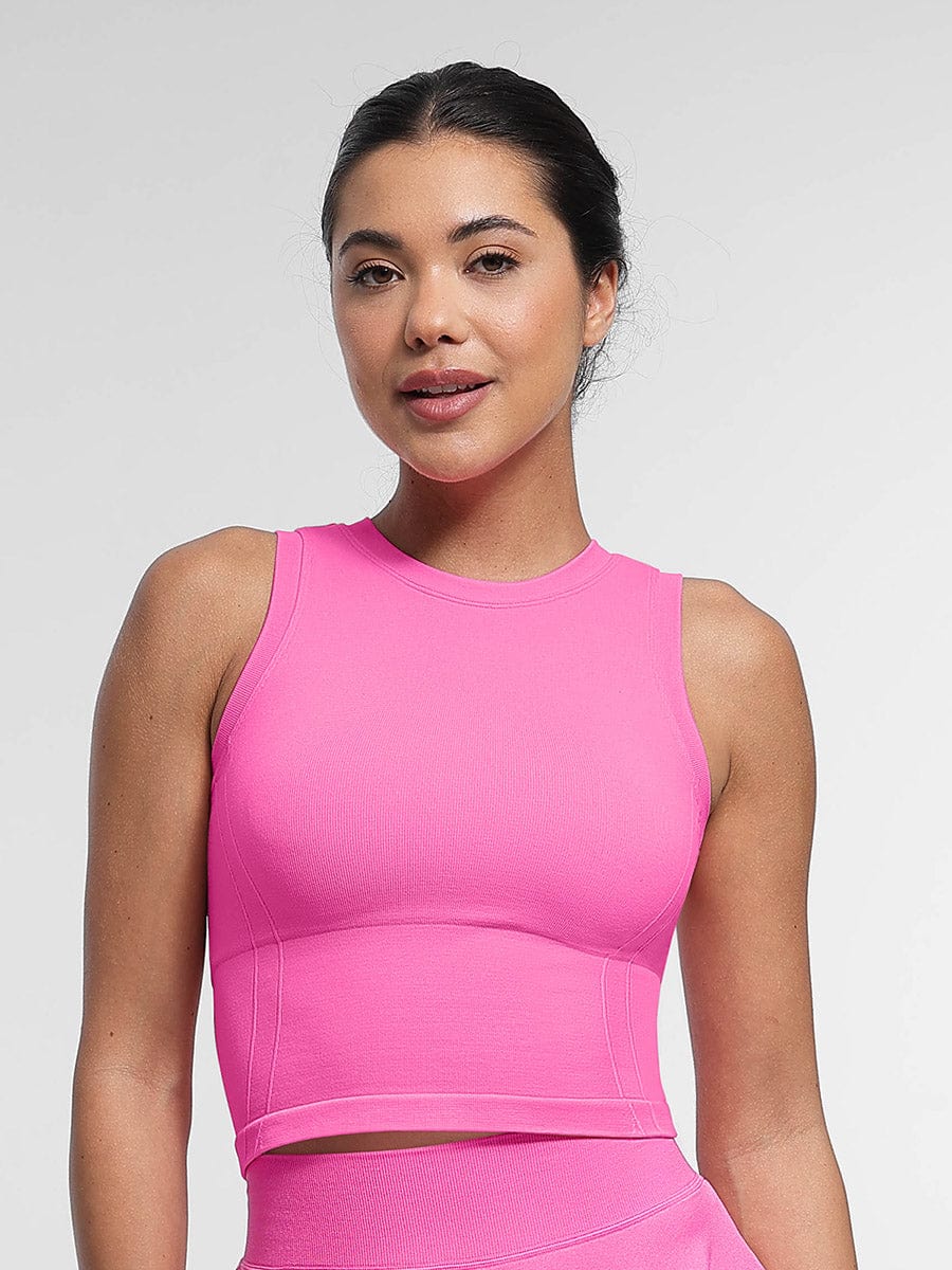Wholesale Supportive Seamless Sports Top with Built-in Bra & Removable Cups.