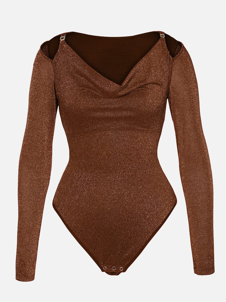 Wholesale Shiny Draped Neck All In One Shapewear Bodysuit with Built In Bra and Thong Snap Crotch.