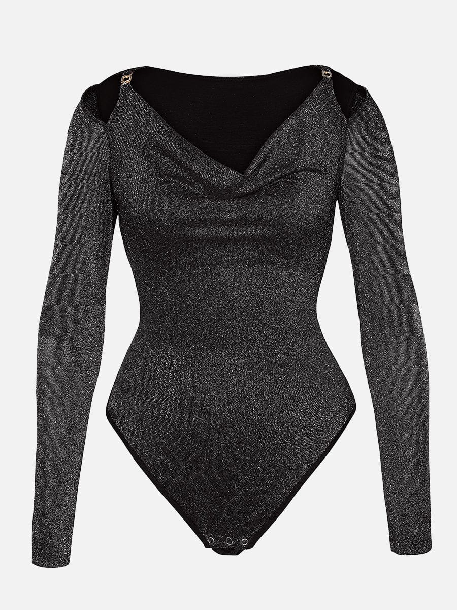 Wholesale Shiny Draped Neck All In One Shapewear Bodysuit with Built In Bra and Thong Snap Crotch.
