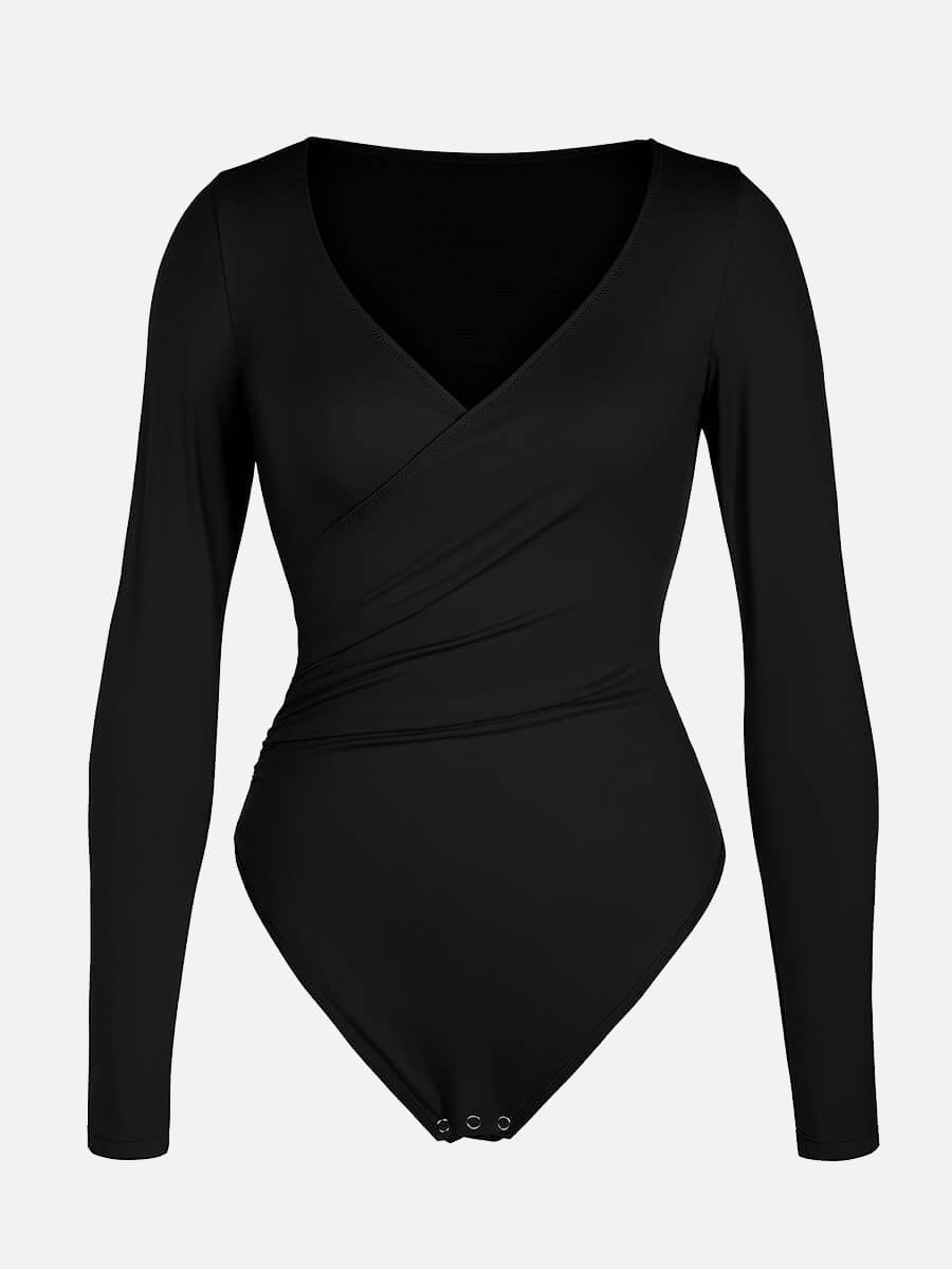 Wholesale Sexy V-neck Overlapping pleated Waist and Tummy Control Antibacterial Crotch Bodysuit.