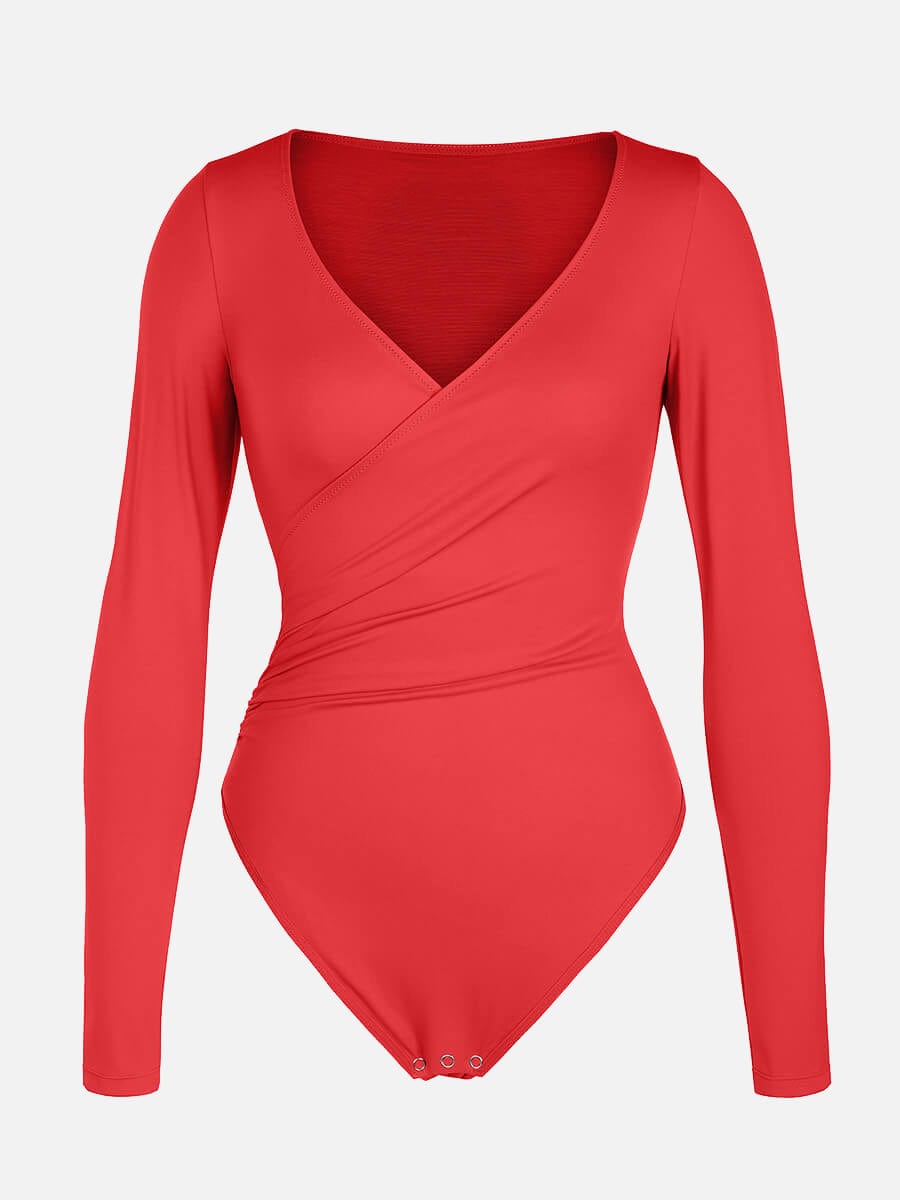 Wholesale Sexy V-neck Overlapping pleated Waist and Tummy Control Antibacterial Crotch Bodysuit.