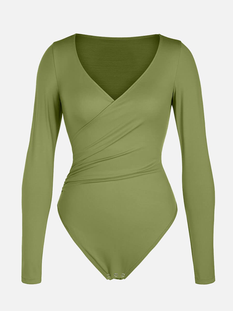 Wholesale Sexy V-neck Overlapping pleated Waist and Tummy Control Antibacterial Crotch Bodysuit.
