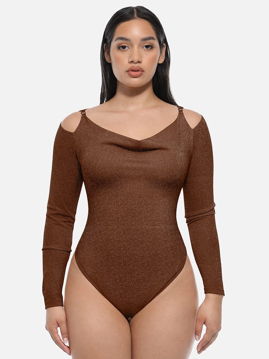 Wholesale Shiny Draped Neck All In One Shapewear Bodysuit with Built In Bra and Thong Snap Crotch.