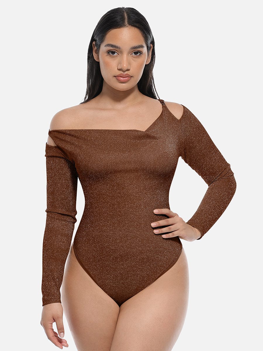 Wholesale Shiny Draped Neck All In One Shapewear Bodysuit with Built In Bra and Thong Snap Crotch.