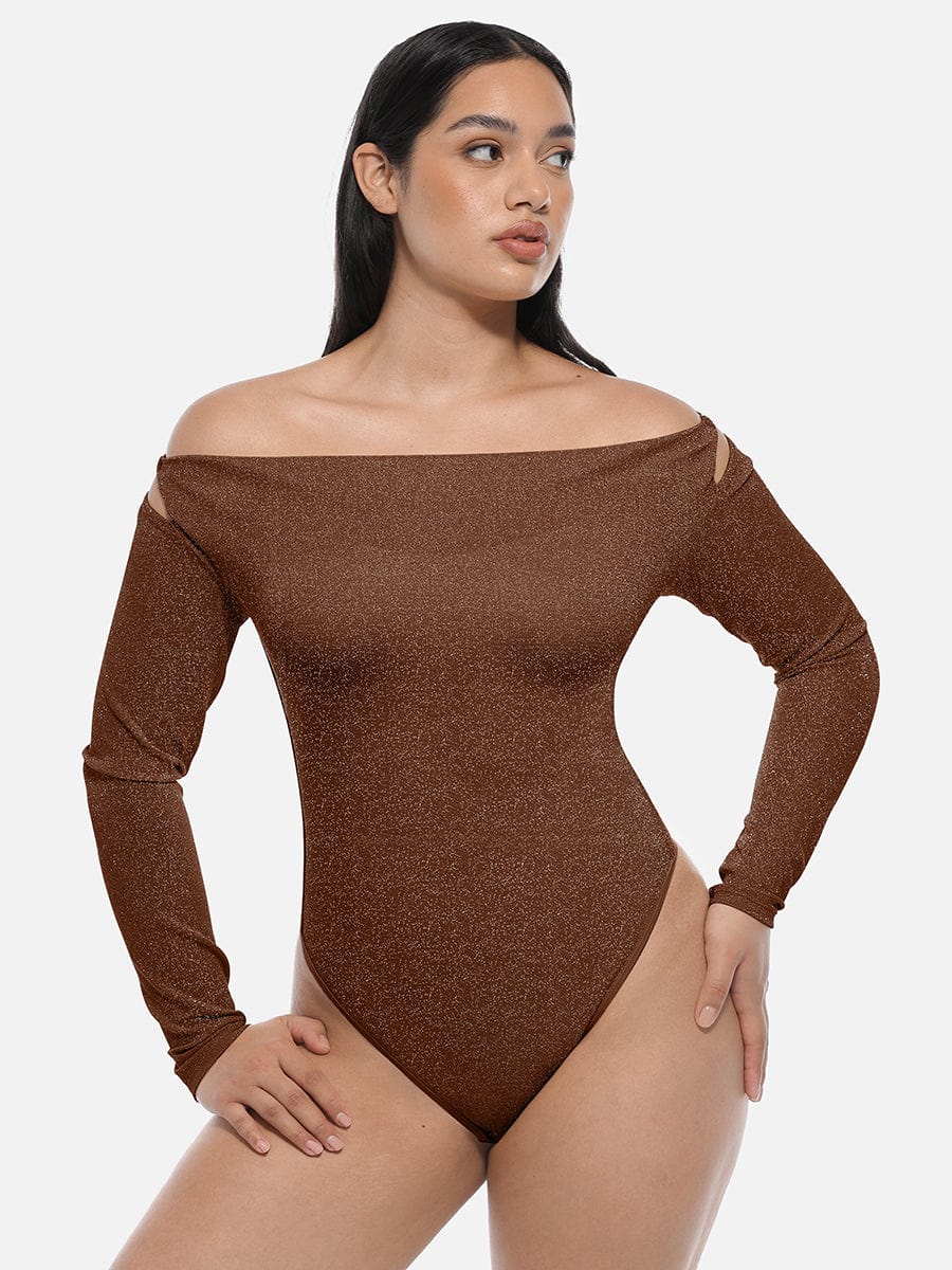Wholesale Shiny Draped Neck All In One Shapewear Bodysuit with Built In Bra and Thong Snap Crotch.