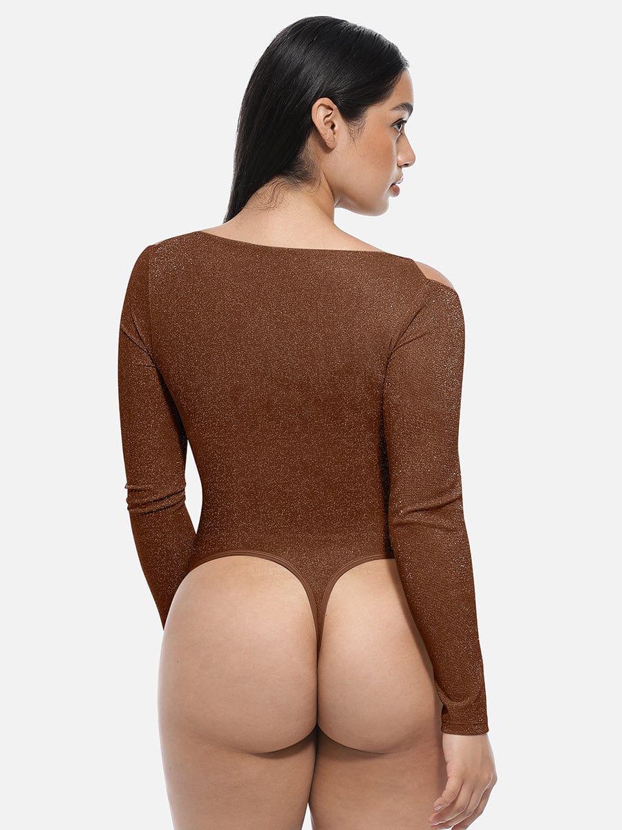 Wholesale Shiny Draped Neck All In One Shapewear Bodysuit with Built In Bra and Thong Snap Crotch.