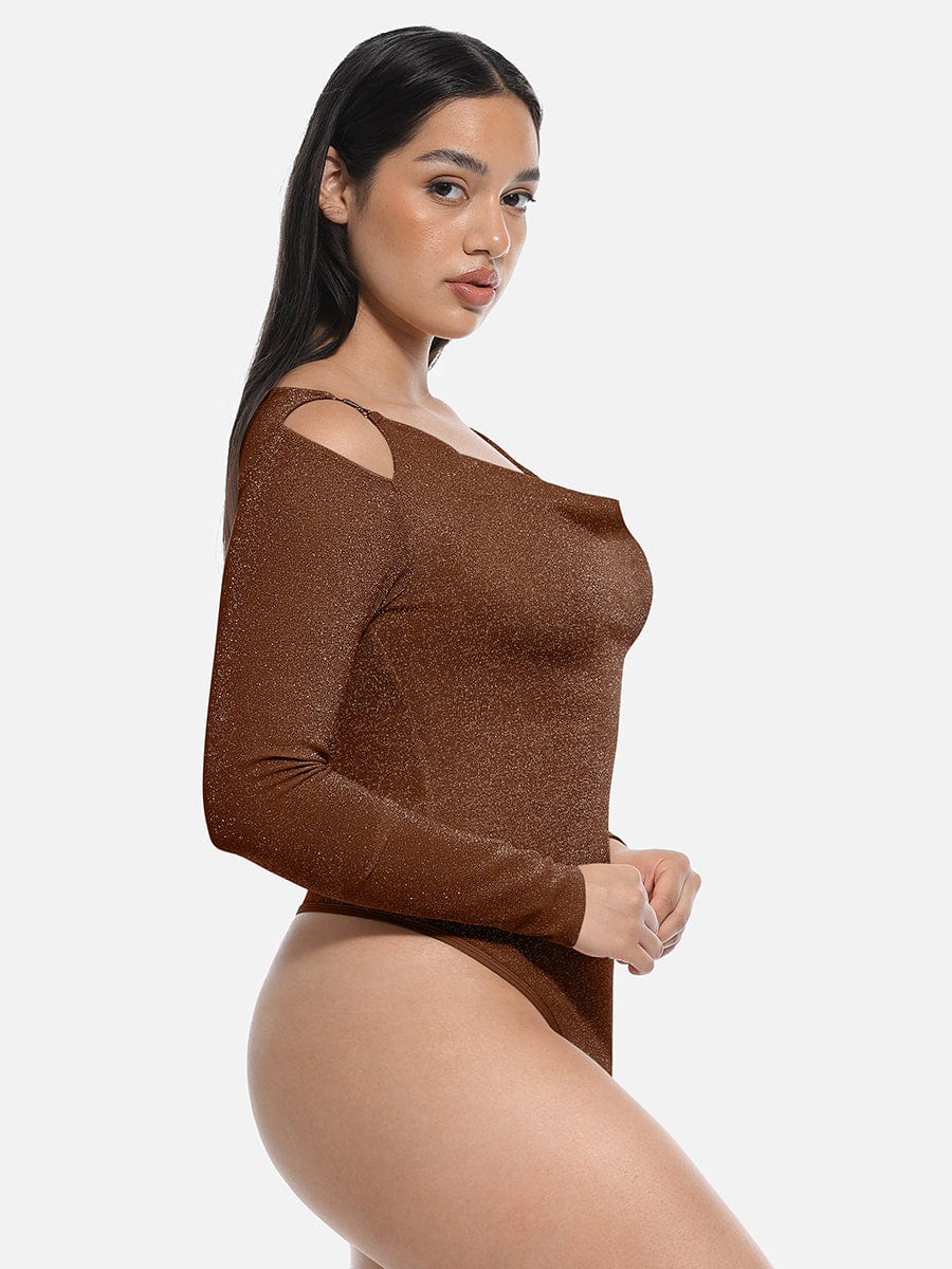 Wholesale Shiny Draped Neck All In One Shapewear Bodysuit with Built In Bra and Thong Snap Crotch.