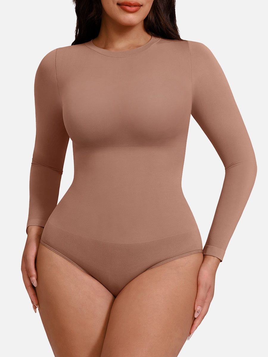 Wholesale Seamless Crew Neck Long Sleeve Tummy Control Snap Crotch Briefs Bodysuit.