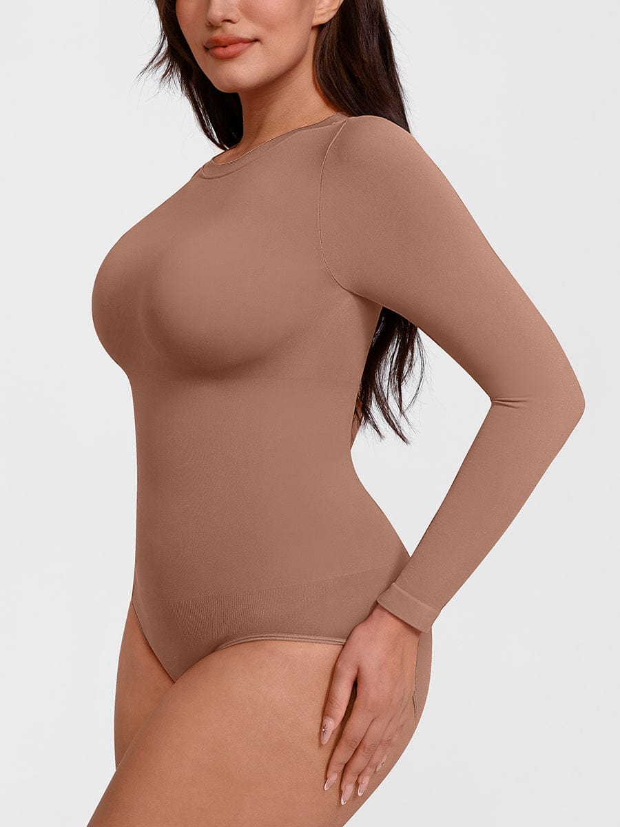 Wholesale Seamless Crew Neck Long Sleeve Tummy Control Snap Crotch Briefs Bodysuit.