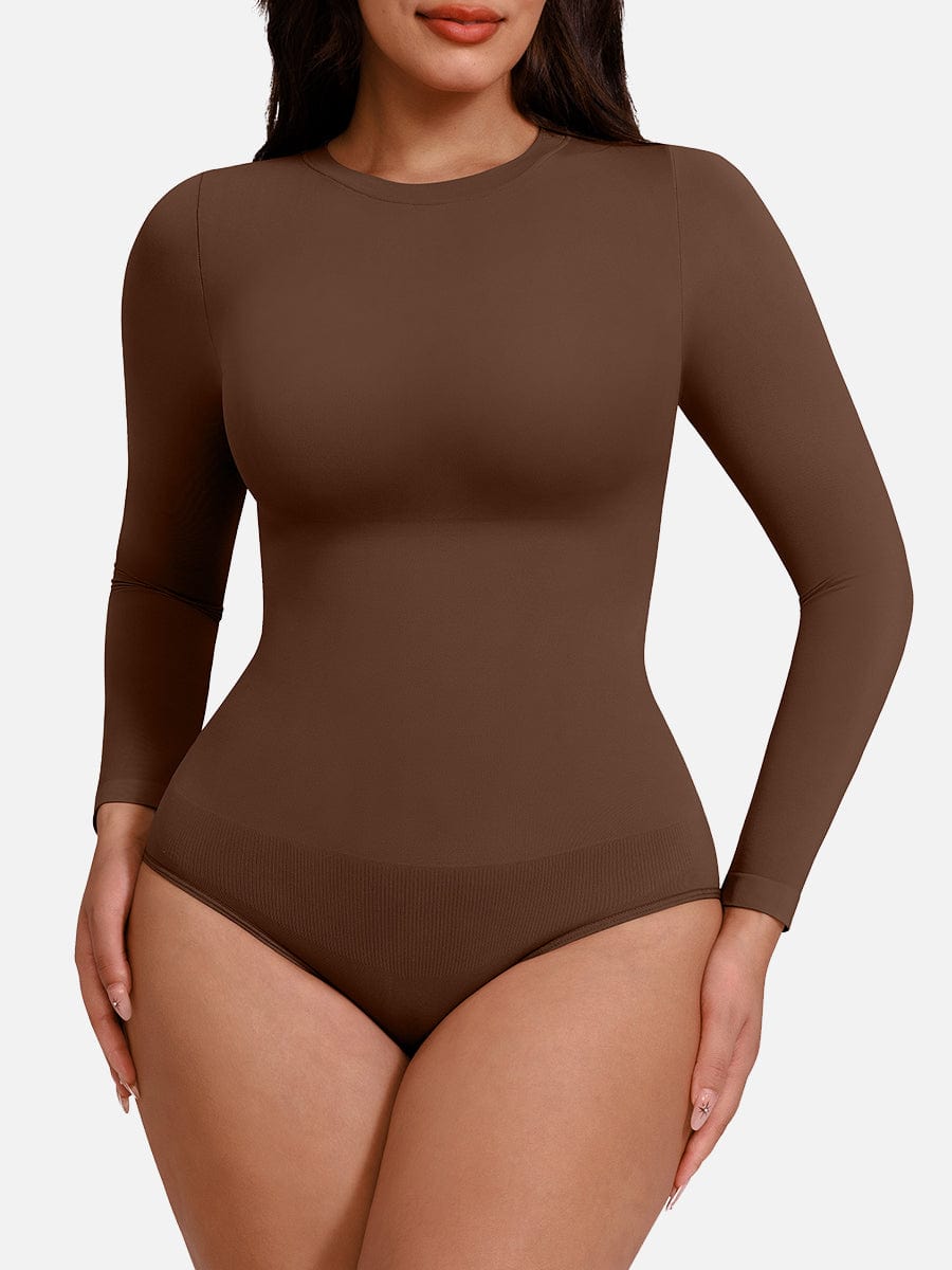 Wholesale Seamless Crew Neck Long Sleeve Tummy Control Snap Crotch Briefs Bodysuit.