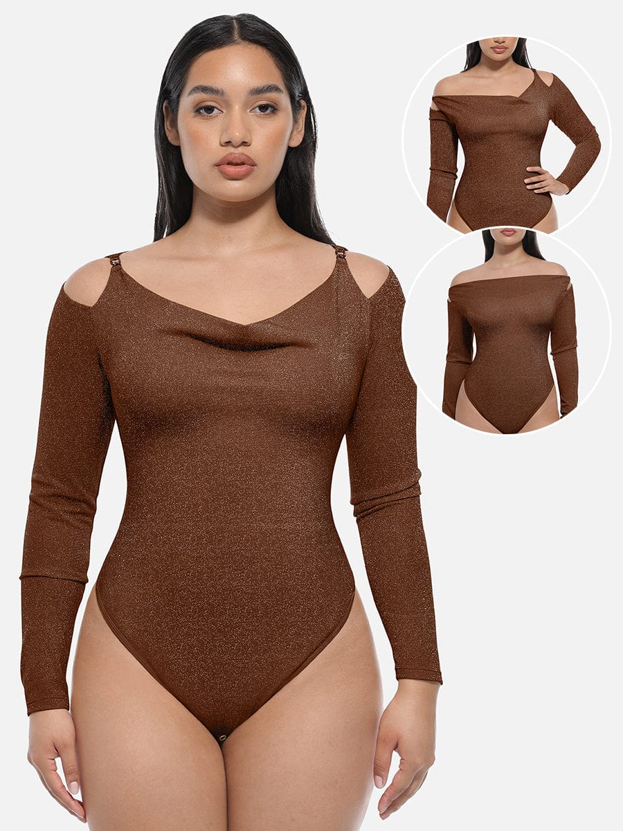 Wholesale Shiny Draped Neck All In One Shapewear Bodysuit with Built In Bra and Thong Snap Crotch.