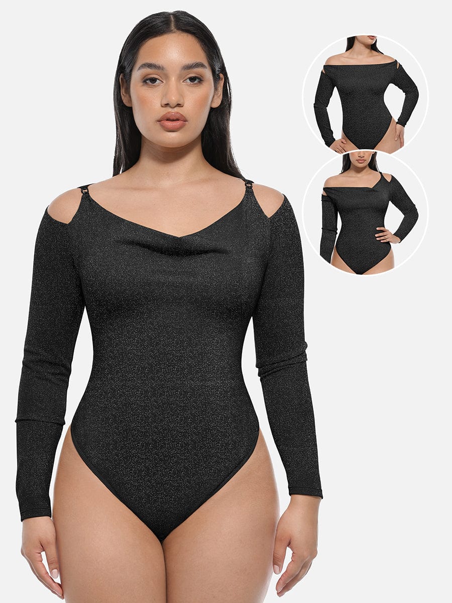 Wholesale Shiny Draped Neck All In One Shapewear Bodysuit with Built In Bra and Thong Snap Crotch.