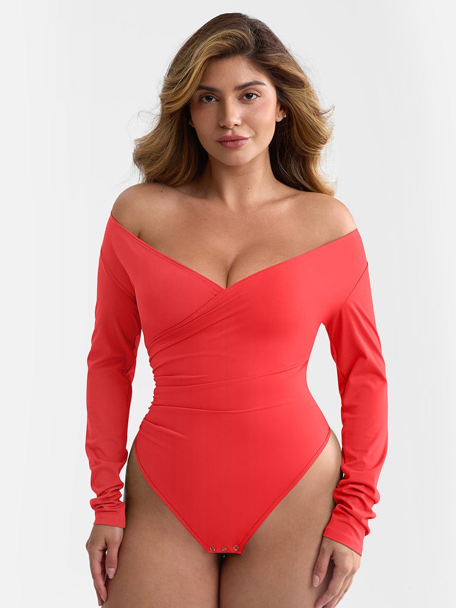 Wholesale Sexy V-neck Overlapping pleated Waist and Tummy Control Antibacterial Crotch Bodysuit.