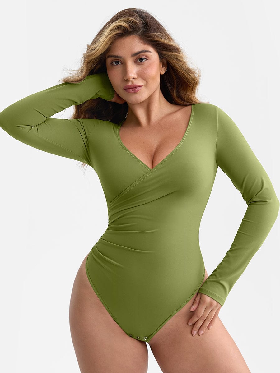Wholesale Sexy V-neck Overlapping pleated Waist and Tummy Control Antibacterial Crotch Bodysuit.
