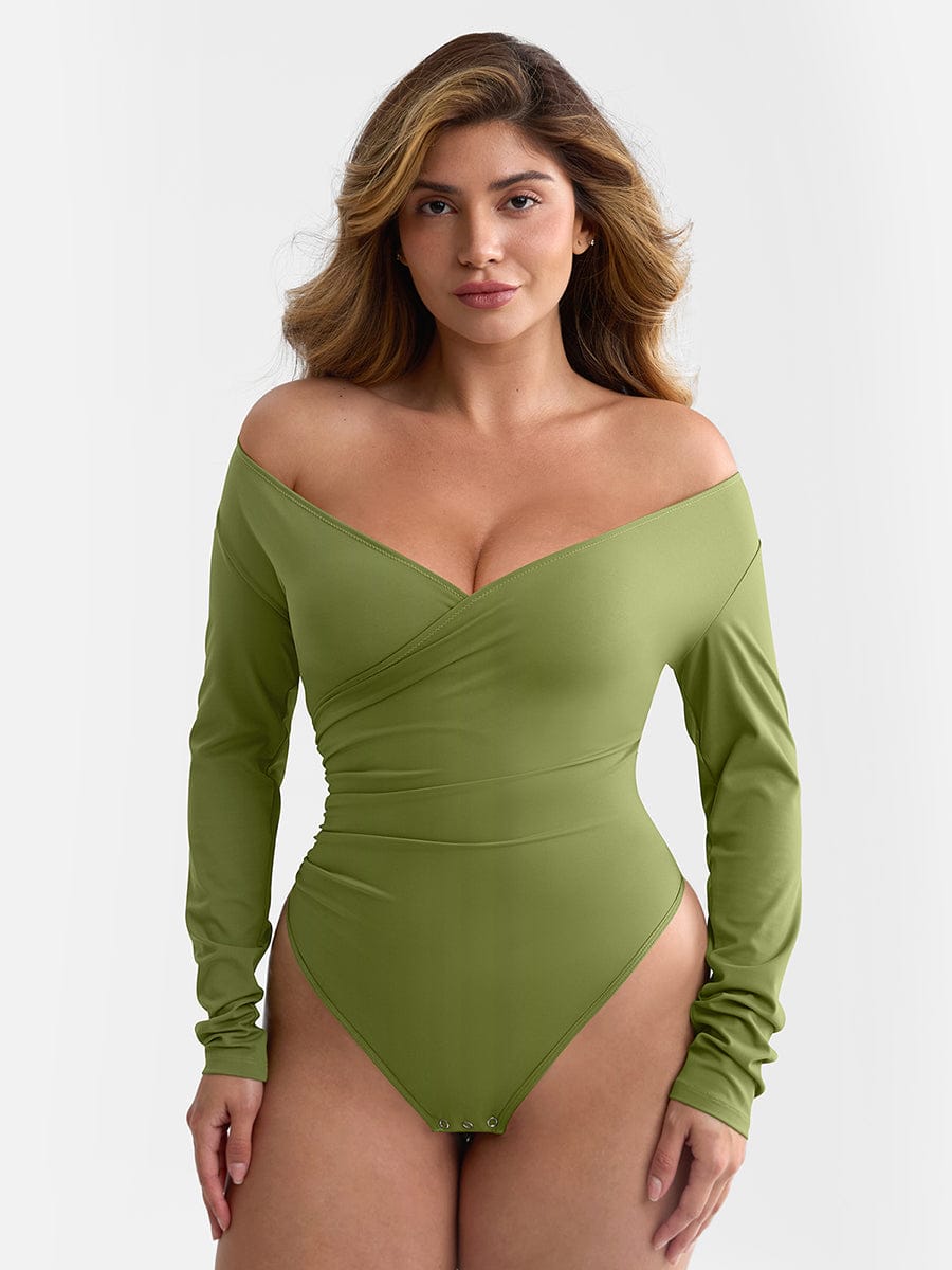 Wholesale Sexy V-neck Overlapping pleated Waist and Tummy Control Antibacterial Crotch Bodysuit.