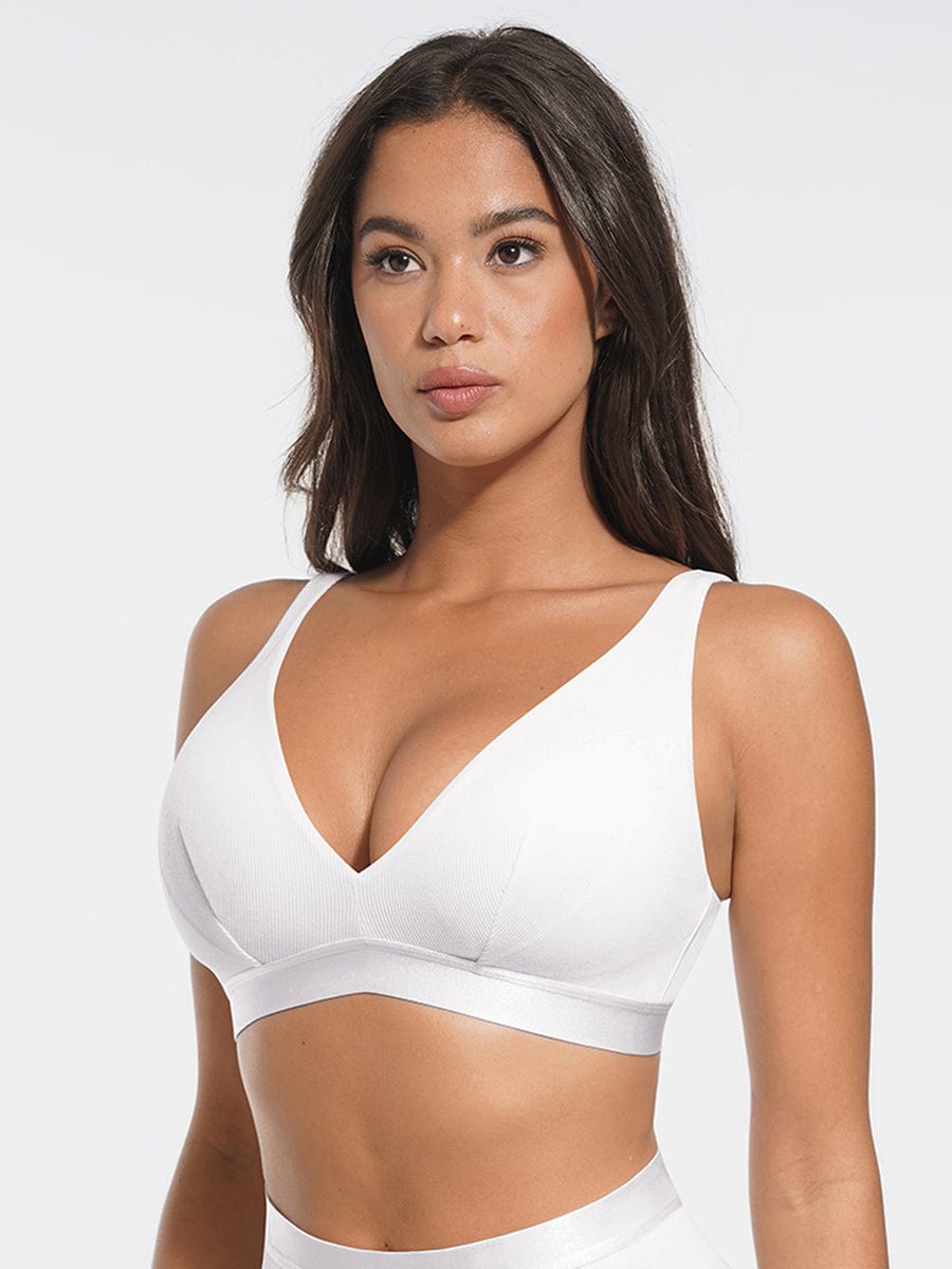 Wholesale Deep V Neck Rib Modal All Day Wear Bralette with Removable Pads.
