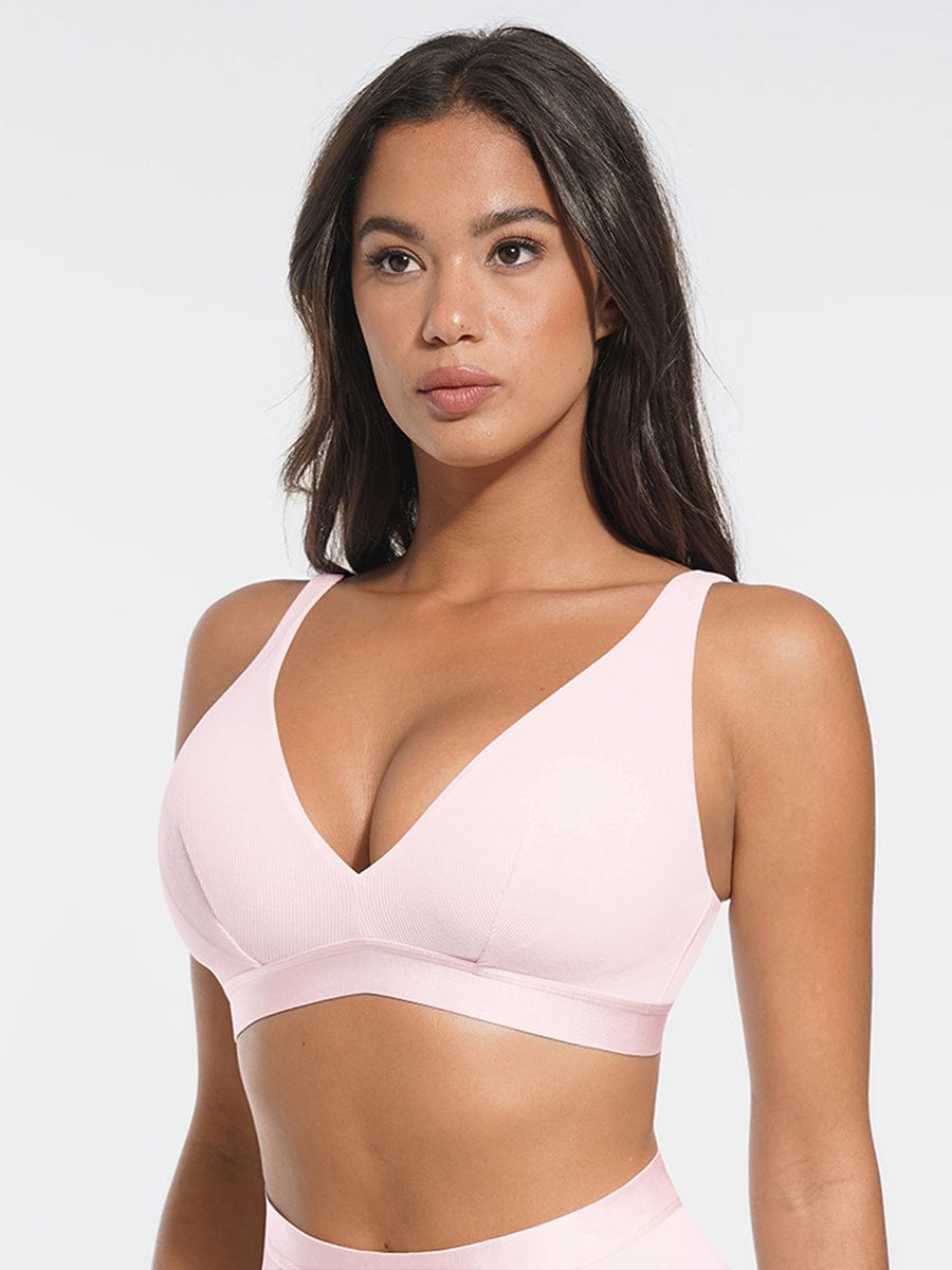 Wholesale Deep V Neck Rib Modal All Day Wear Bralette with Removable Pads.