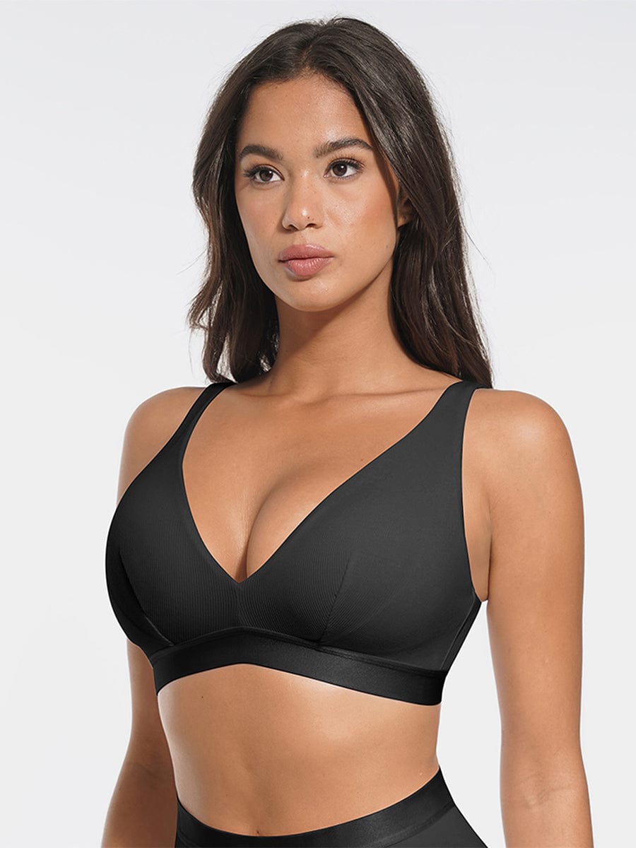 Wholesale Deep V Neck Rib Modal All Day Wear Bralette with Removable Pads.