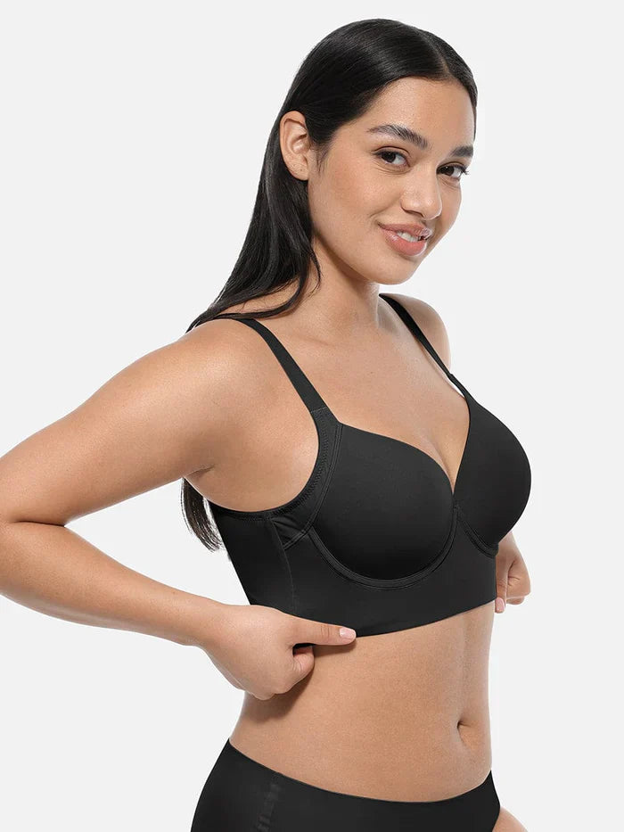 Black Underwire Push-Up Sculpting Uplift Hide Back Fat Full Coverage Bra