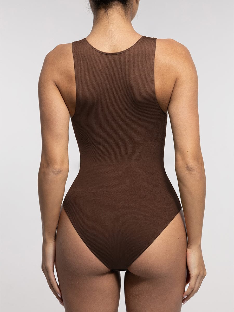 Wholesale Seamless Ribbed Zip Front Sleeveless Briefs Bodysuit.