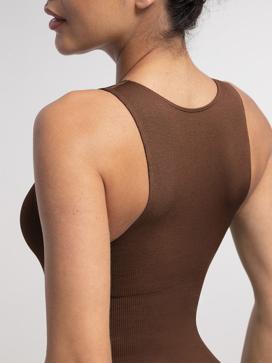Wholesale Seamless Ribbed Zip Front Sleeveless Briefs Bodysuit.