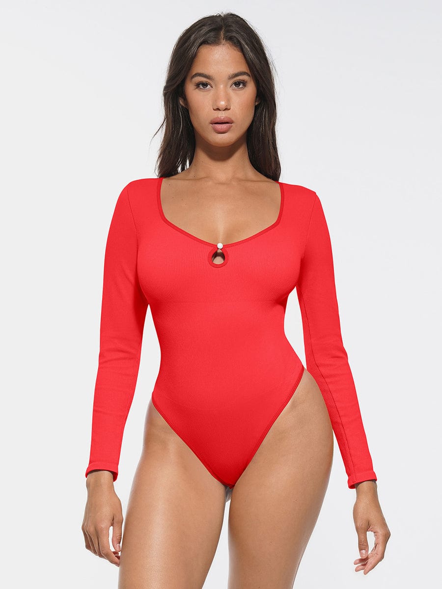 Wholesale Seamless Ribbed Sexy Hollow Scoop Neck Waist Tummy Control Thong Bodysuit.