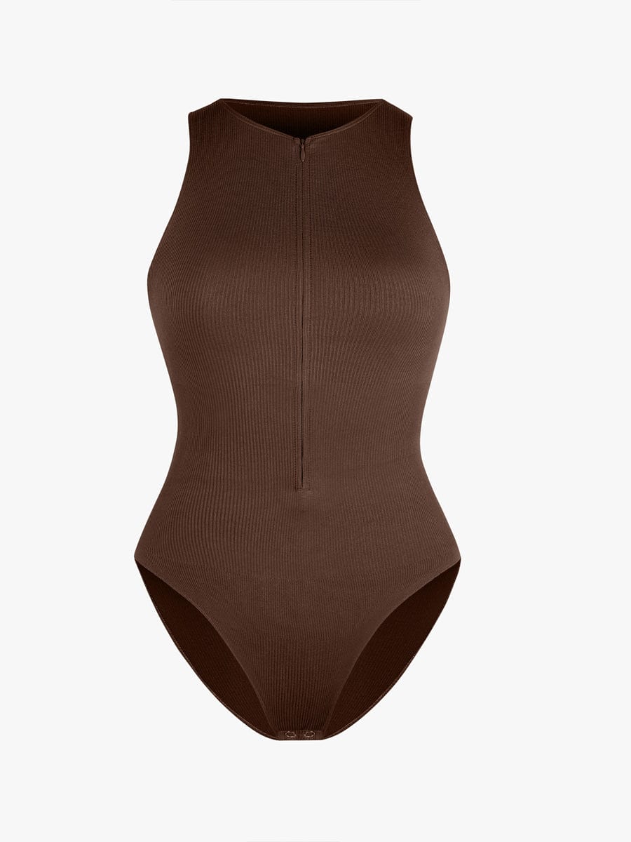 Wholesale Seamless Ribbed Zip Front Sleeveless Briefs Bodysuit.