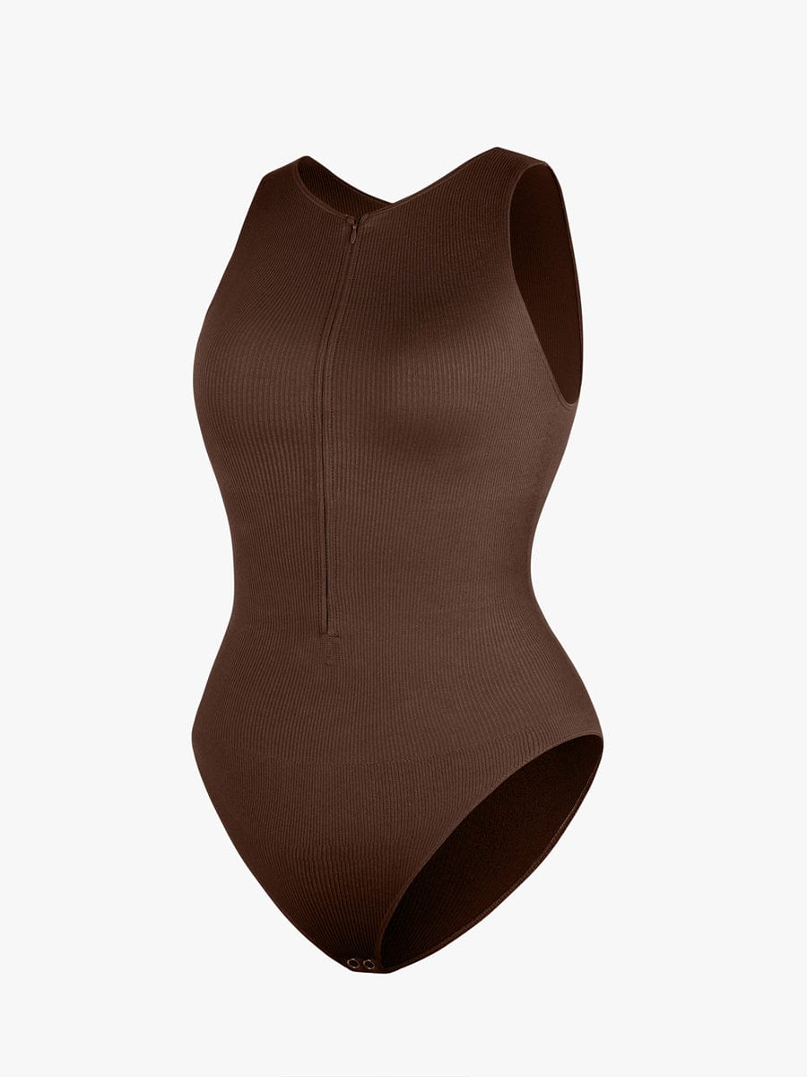 Wholesale Seamless Ribbed Zip Front Sleeveless Briefs Bodysuit.