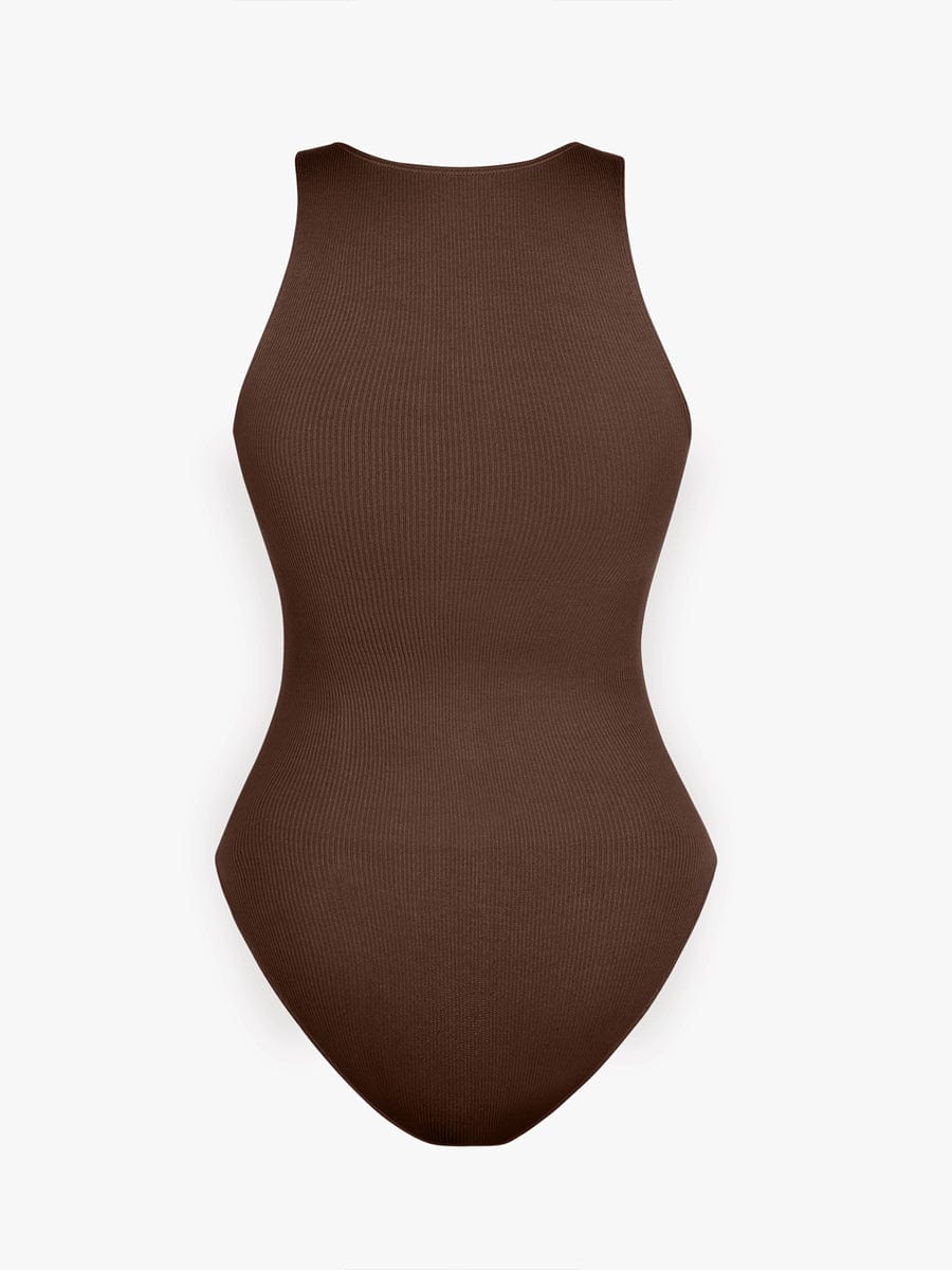 Wholesale Seamless Ribbed Zip Front Sleeveless Briefs Bodysuit.