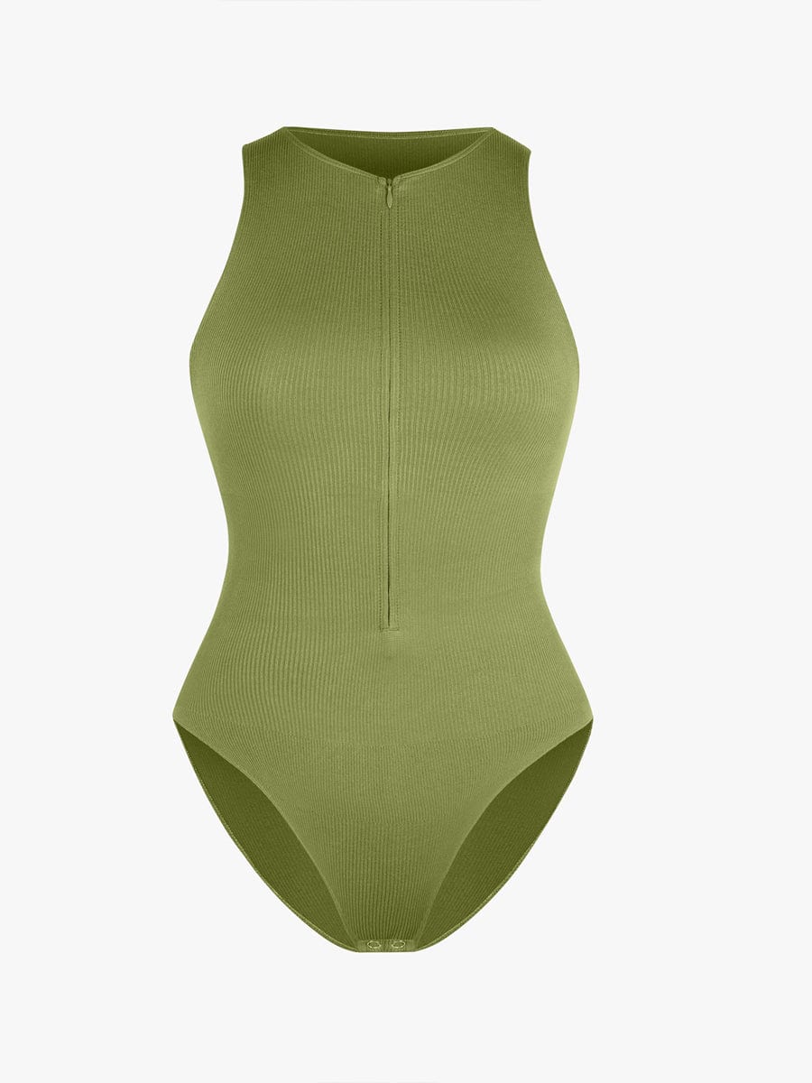 Wholesale Seamless Ribbed Zip Front Sleeveless Briefs Bodysuit.
