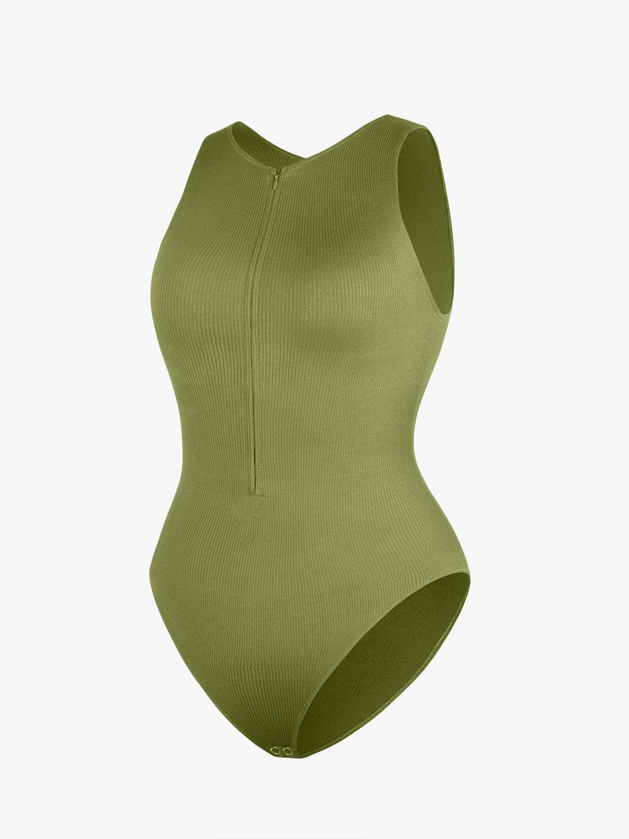 Wholesale Seamless Ribbed Zip Front Sleeveless Briefs Bodysuit.