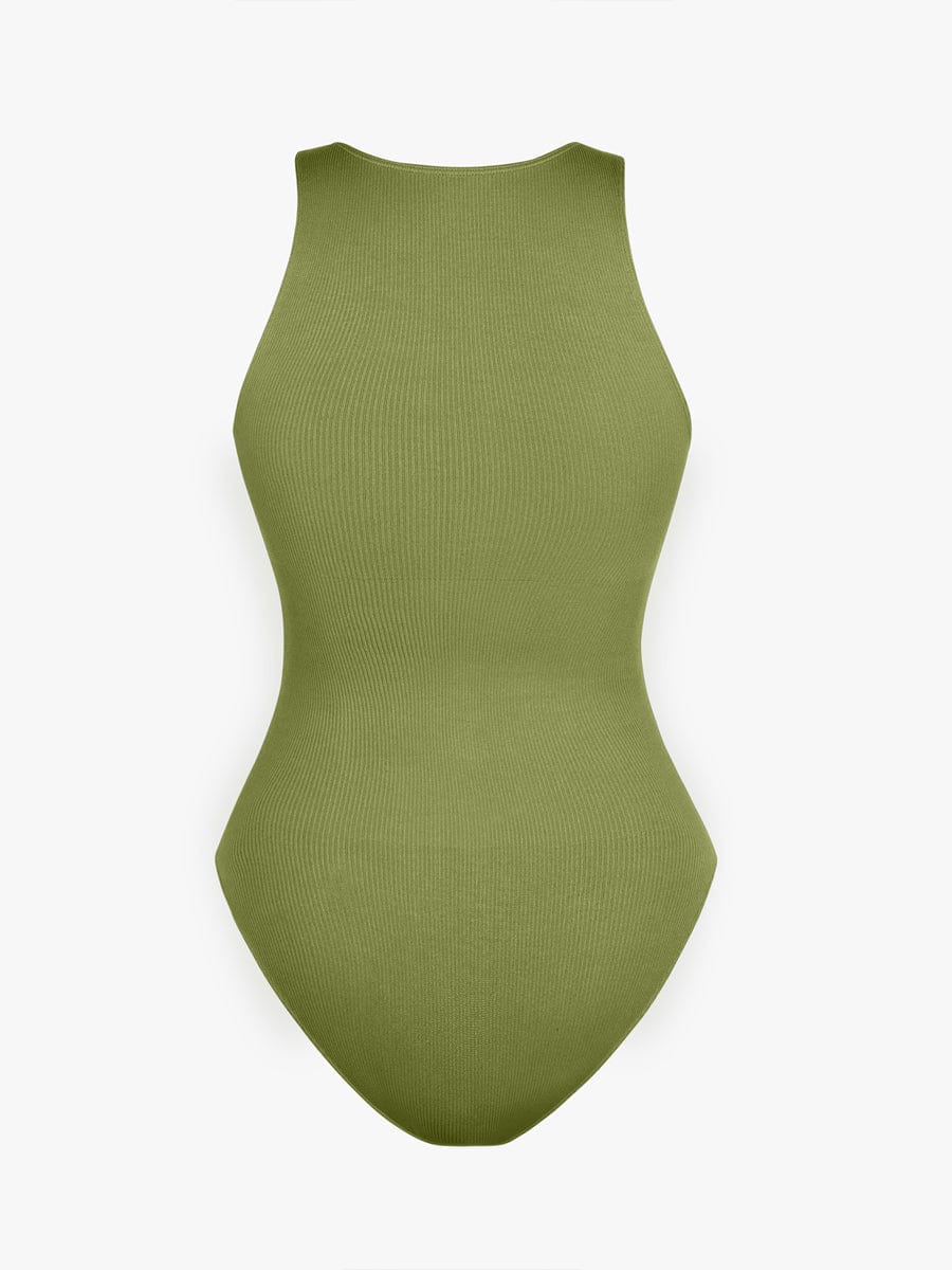 Wholesale Seamless Ribbed Zip Front Sleeveless Briefs Bodysuit.