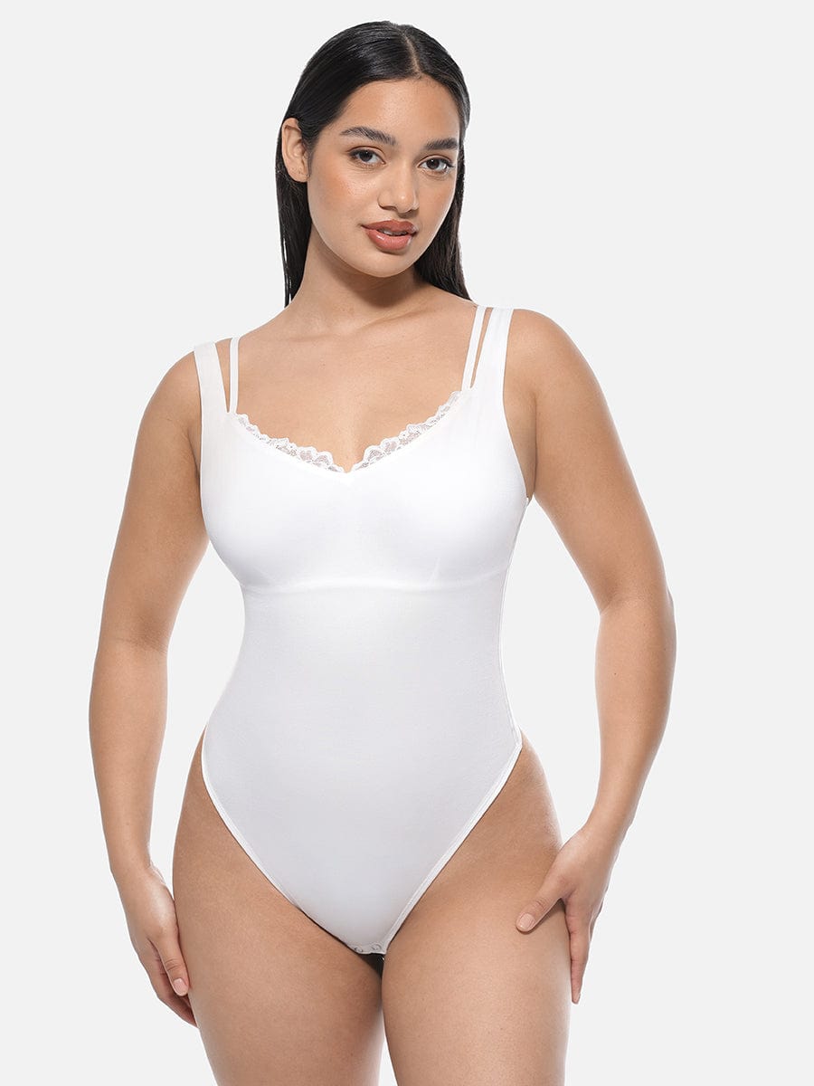 Wholesale Lace V-Neck T-Back Waist and Abdomen Shaping Thong Bodysuit.