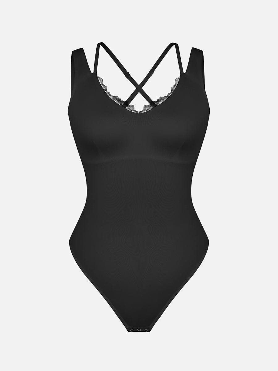 Wholesale Lace V-Neck T-Back Waist and Abdomen Shaping Thong Bodysuit.