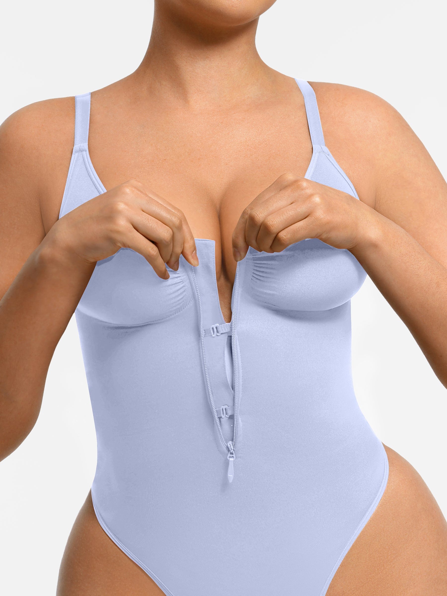 Wholesale Seamless Plunge Chest Support Bodysuit with Clips Inside.