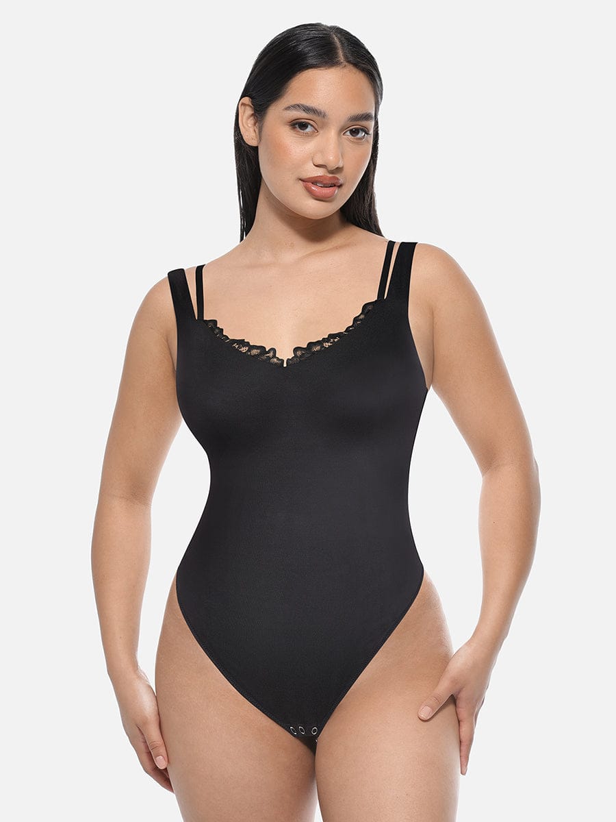 Wholesale Lace V-Neck T-Back Waist and Abdomen Shaping Thong Bodysuit.